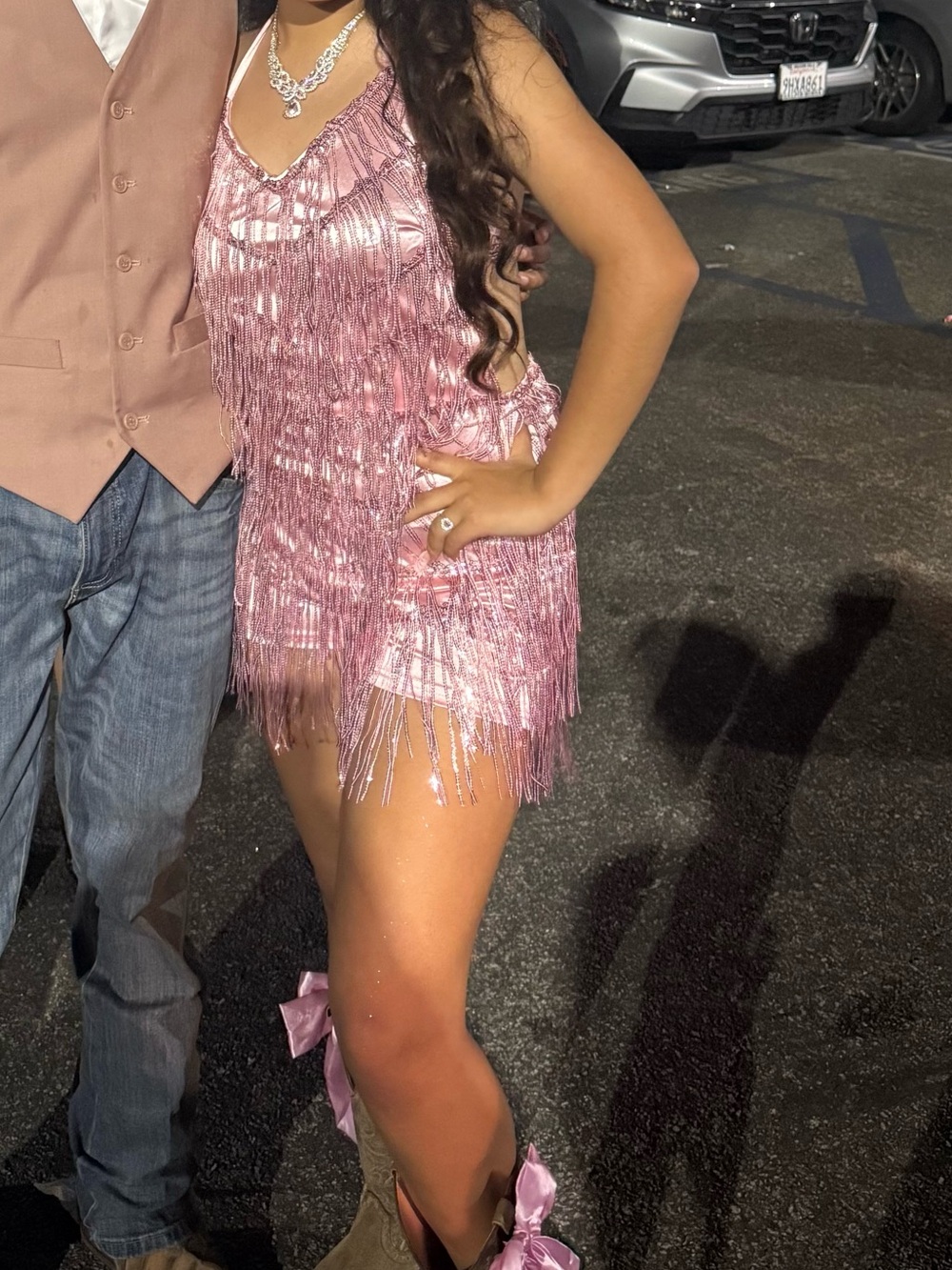 Amazon Rose Pink Beaded Fringe Halter jumpsuit